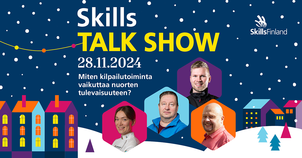 Skills Talk Show’n kansainvälisen kilpailutoiminnan osuudessa ovat mukana entiset kilpailijat Emeliina Papinniemi ja Ville-Pekka Arasmo, ammatillinen opettaja Tommi Mäntylä (<a href="/treduofficial/">Tampereen seudun ammattiopisto Tredu</a>) sekä apulaisrehtori Jukka Kosunen (<a href="/Sakkyfi/">Savon ammattiopisto Sakky</a>). Ilmoittaudu mukaan!➡️skillsfinland.fi/skillstalkshow