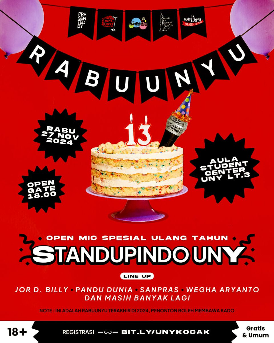 Hiburan untuk warga UNY 😆

Rabuuunyu (open mic) Spesial Ulang Tahun Standupindo UNY yang ke 13 🥳

Gratis &amp; terbuka untuk umum

Tapi registrasi dulu di bit.ly/unykocak

#uny
#standupindo