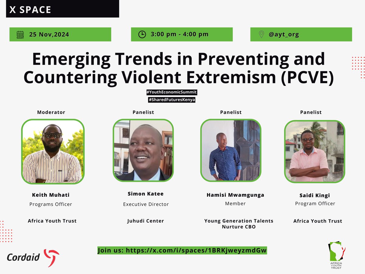 In a world where youth face economic challenges, creating opportunities for empowerment is key. Join us on Nov 25, 3-4 PM for an X-Space on peaceful interfaith co-existence &amp; youth socio-economic opportunities. &gt; x.com/i/spaces/1BRKj…… #YouthEconomicSummit #SharedFuturesKenya