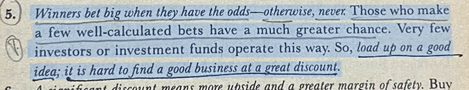 49percentoff's tweet photo. Munger: Winners bet big when they have the odds otherwise, never. 

Those who make a few well-calculated bets have a much greater chance. Very few investors or investment funds operate this way. So, load up on a good idea; it is hard to find a good business at a great discount. https://t.co/4QeJKHgoYq