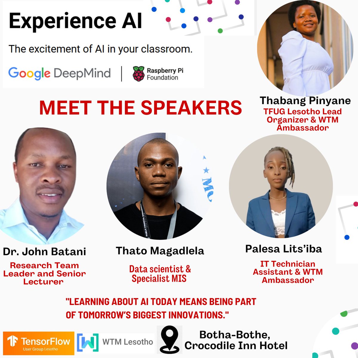 TPinyane's tweet photo. 🚀 Experience AI Event Loading… 🌟

The countdown is officially on! 🕒 We’re gearing up for an exciting day of innovation, learning, and inspiration at the Experience AI Event 2024 on 23rd November at Crocodile Inn Hotel, Botha-Bothe! https://t.co/E5jWucg5vT
