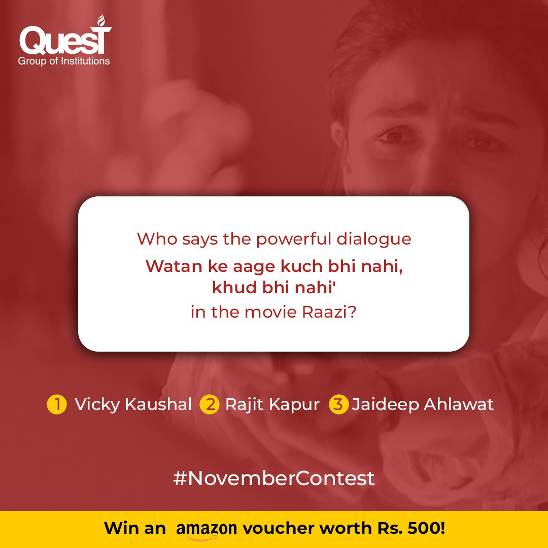 QuestMohali's tweet image. Bollywood quiz! 💫 Identify the Raazi dialogue &amp;amp; win ₹500 Amazon voucher! 🎉

How to enter:
1️⃣ Follow us
2️⃣ Like, share, comment your answer
3️⃣ Use #QuestContest &amp;amp; tag 3 friends!
⏰ Ends in 4 days! 👇