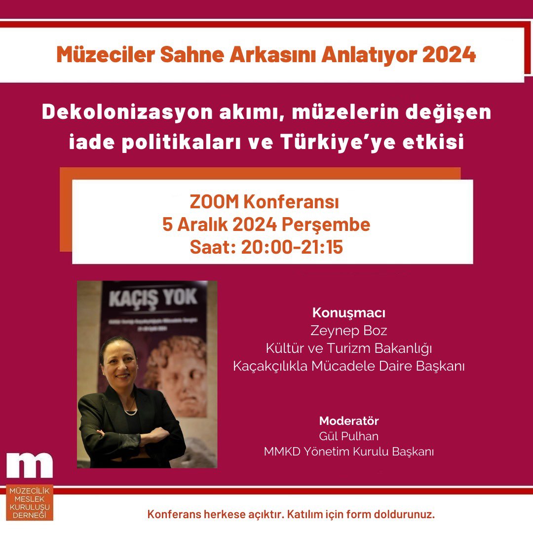muzecilikmkd's tweet photo. Müzeciler Sahne Arkasini Anlatiyor
2024: Yeni Konferansimiz!
"Dekolonizasyon akimi, müzelerin değişen iade politikalari ve Türkiye'ye etkisi" başlıklı Zoom konferansımızda, Kültür ve Turizm Bakanlığı Kaçakçılıkla Mücadele Daire Başkanı Zeynep Boz bizlerle! https://t.co/CWhqHLGxYH