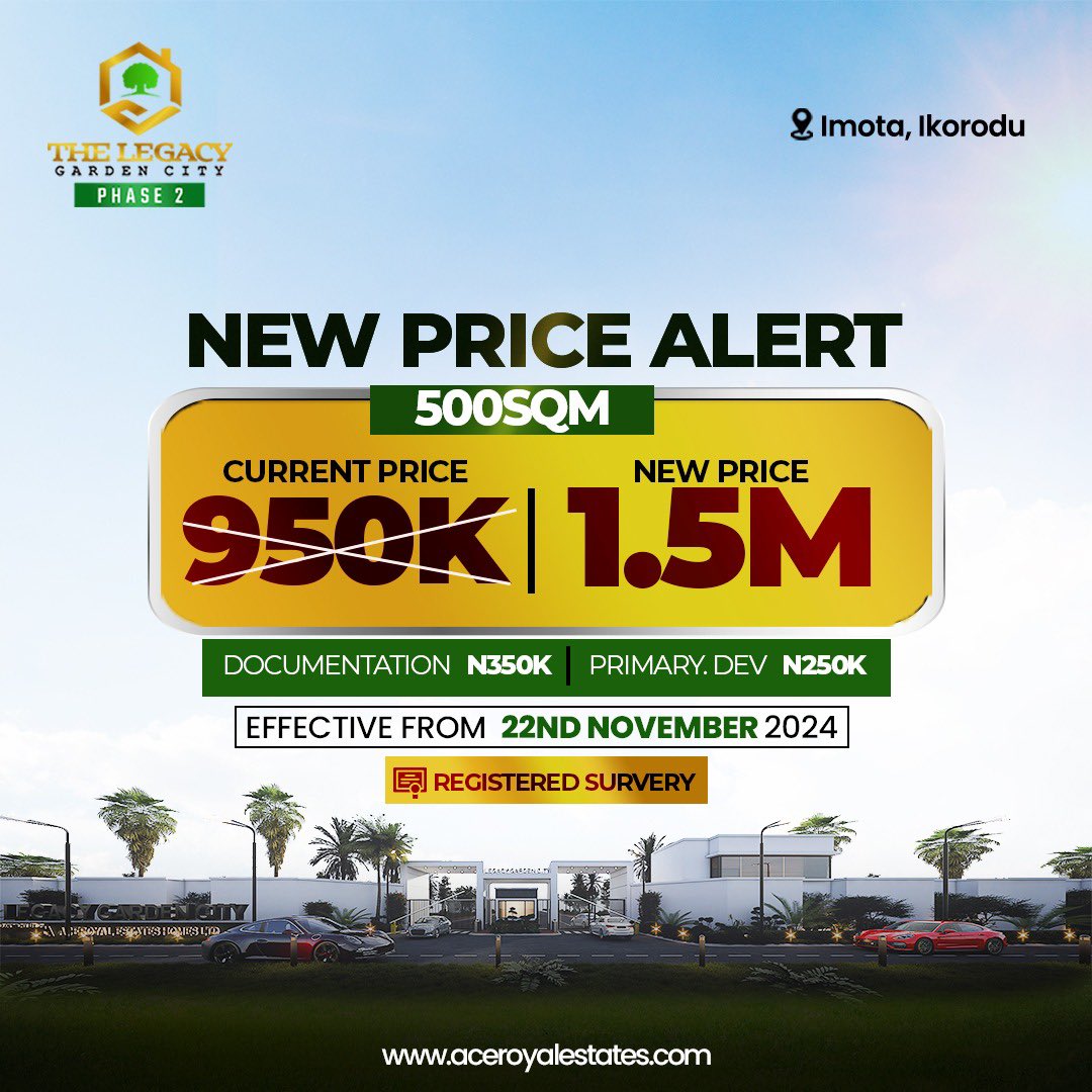 SolomonAfeno's tweet photo. CELEBRATING OUR CLIENTS' SUCCESS!

We're thrilled to announce that our clients who purchased plots and acres have enjoyed a significant 58% price appreciation, from ₦950k to ₦1.5m!

Thank you for believing in Solo Property. We're grateful for your trust and support. https://t.co/SfJLakE9Jd