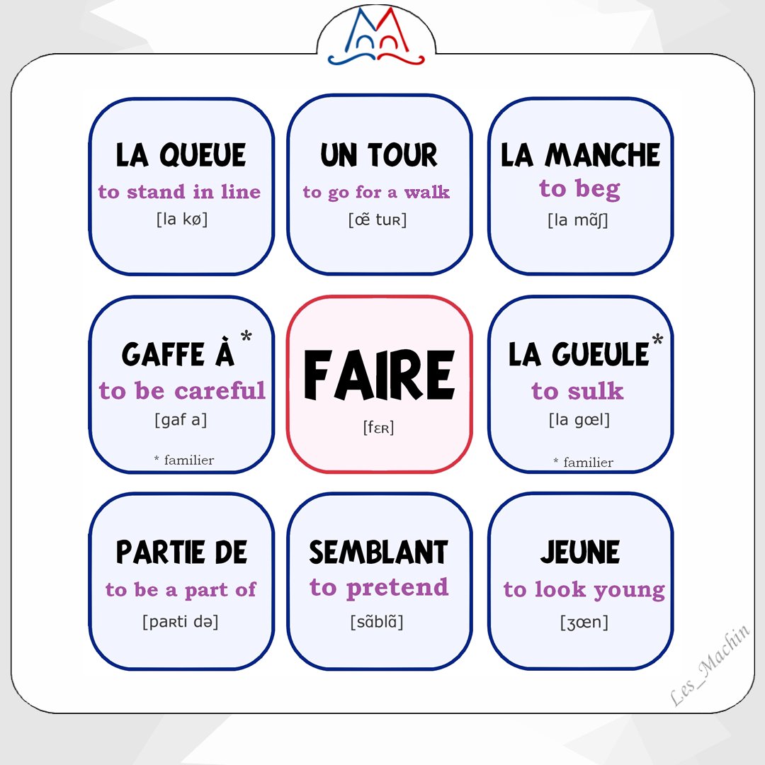 🔹 Et voici quelques expressions avec le verbe "FAIRE" ! 
🔹 Try to make a sentence using one of them. 😀📝 
🔹 ... 
#learnfrench #ClasseFLE