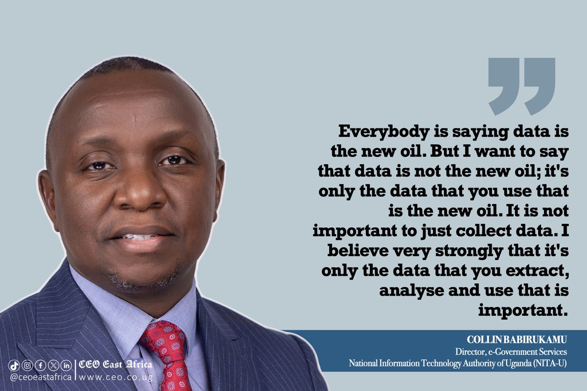 CEO East Africa Magazine (@ceoeastafrica) on Twitter photo #QuoteOfTheDay
Emphasising the critical importance of data science⏤ the collecting, processing, and analyzing data for decision-making⏤ to government, private and not-for-profit sectors and virtually everyone, <a href="/colmug/">Collin Babirukamu</a>, the Director of e-Government Services at the #QuoteOfTheDay
Emphasising the critical importance of data science⏤ the collecting, processing, and analyzing data for decision-making⏤ to government, private and not-for-profit sectors and virtually everyone, <a href="/colmug/">Collin Babirukamu</a>, the Director of e-Government Services at the