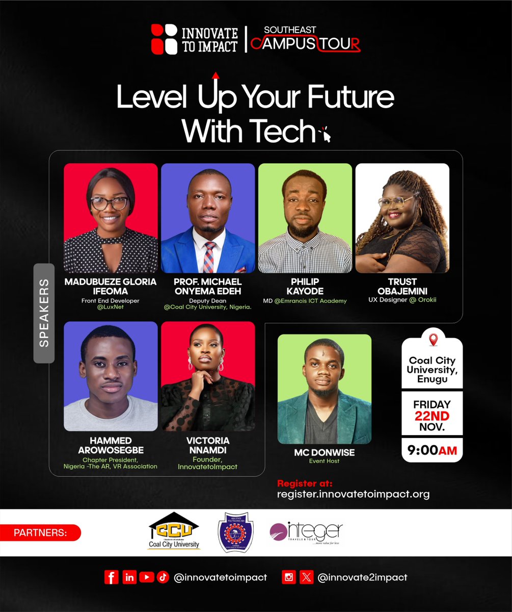 Innovate2Impact's tweet photo. The wait is over!!!
The InnovateToImpact Southeast Campus Tour is here!
π Coal City University, Enugu
β° 9:00 AM
Get ready for an exciting day filled with inspiring sessions, tech insights, and networking opportunities with industry leaders.
#levelupyourfuturewithtech https://t.co/FSjoTFMFPT