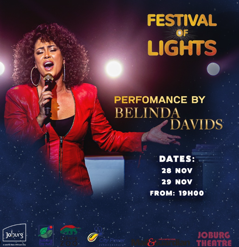 CityofJoburgZA's tweet photo. Prepare for an unforgettable evening as the internationally renowned @imbelindadavids takes the stage at the #FestivalofLights2024. Grab your dancing shoes and get ready to sing along. Secure your tickets today. Follow @joburgthreatre for more๐๏ธ. #ExploreJoburg #WelcomeToJoburg ^LM
