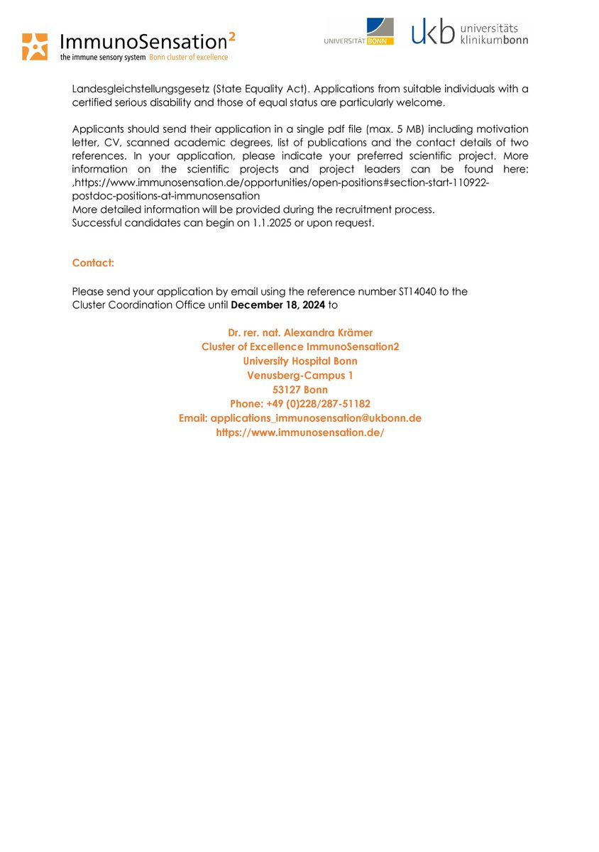 ImmunoSensation (@immunosens) on Twitter photo 🚨 Hiring! The Cluster is offering 2 Postdocs positions in Immunology at the <a href="/UniklinikBonn/">Uniklinik Bonn</a>.
The application deadline is Dec 18th.
Visit our website for more details: immunosensation.de/opportunities/…
Apply now! 🚨 Hiring! The Cluster is offering 2 Postdocs positions in Immunology at the <a href="/UniklinikBonn/">Uniklinik Bonn</a>.
The application deadline is Dec 18th.
Visit our website for more details: immunosensation.de/opportunities/…
Apply now!
