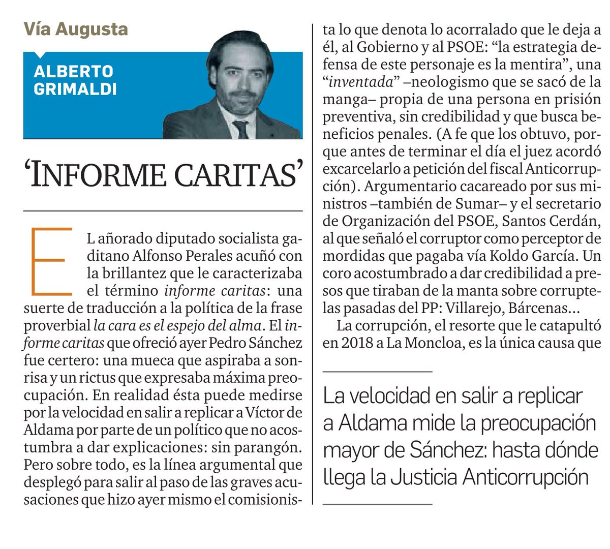 A_Grimaldi's tweet image. Columna de opinión #VíaAugusta en @GrupoJoly: Informe caritas’. La velocidad en salir a replicar a Aldama mide la preocupación mayor de Sánchez: hasta dónde llega la Justicia Anticorrupción.
Léala gratis bajo registro aquí 👇🏻
diariodesevilla.es/opinion/articu… vía @DiarioSevilla