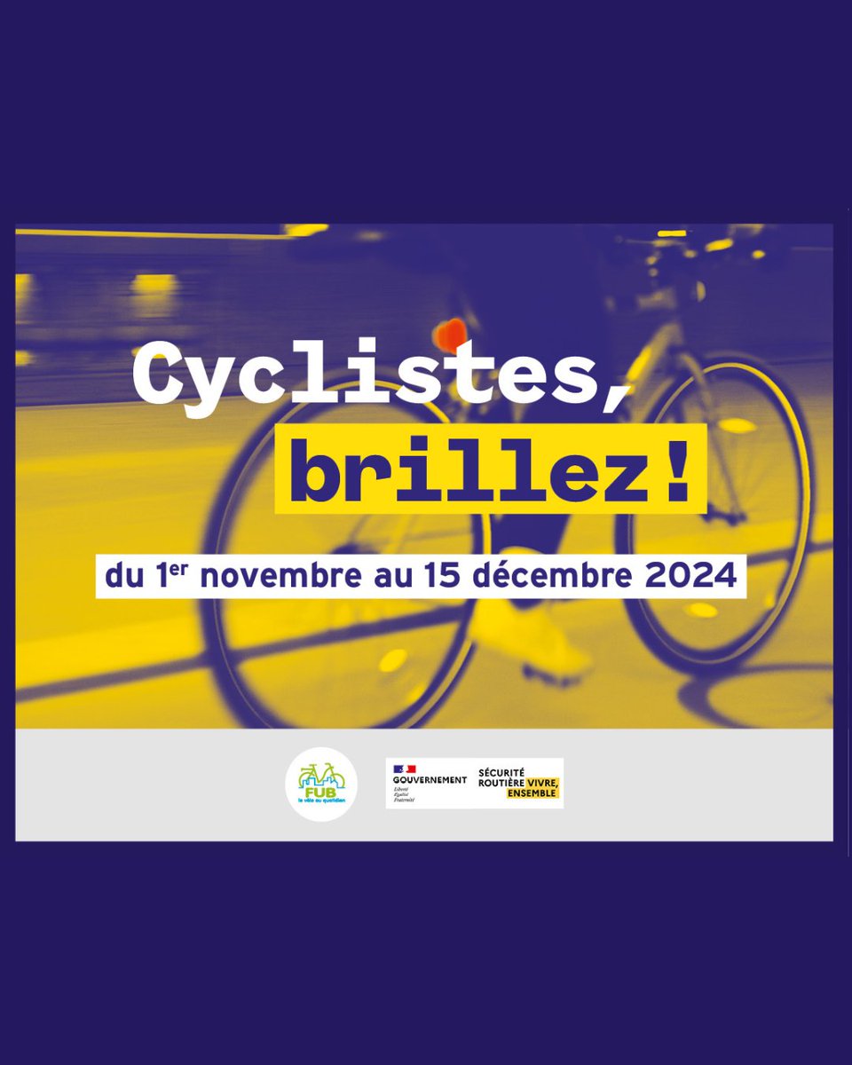 [Cyclistes, brillez ! 💡]
Avec le changement d’heure, les déplacements à vélo se font parfois dans l’obscurité.
Du 01/11 au 15/12, la FUB et son réseau se mobilisent pour sensibiliser les cyclistes à l'importance d'un bon éclairage !

👉Infos : fub.fr/fub/actualites…