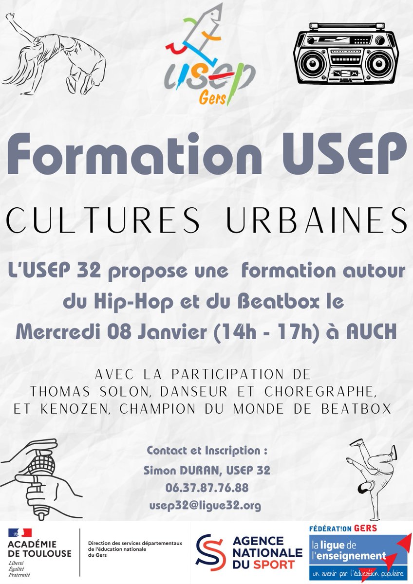 Nouvelle formation "Cultures urbaines" autour du #hiphop et du #beatbox le Mercredi 08 Janvier 2025 à Auch ! 🤩

Et nous aurons l'honneur d'avoir parmi nous Thomas Solon, Danseur et Chorégraphe, et Kenozen, Champion du Monde 2023 de #beatbox ! 🎤

Formation ouverte à tous.tes 🔊