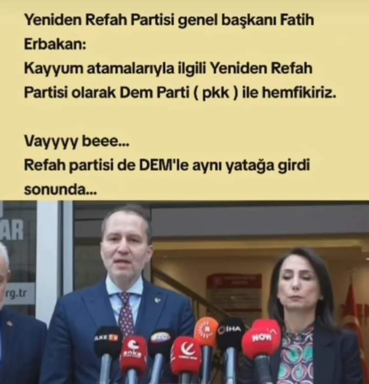Fatih Erbakan'da sonunda DEM'in ve PKK'nın kucağına'da oturu verdi helal olsun hem fikiriz diyerek safını da belli etmiş oldu.