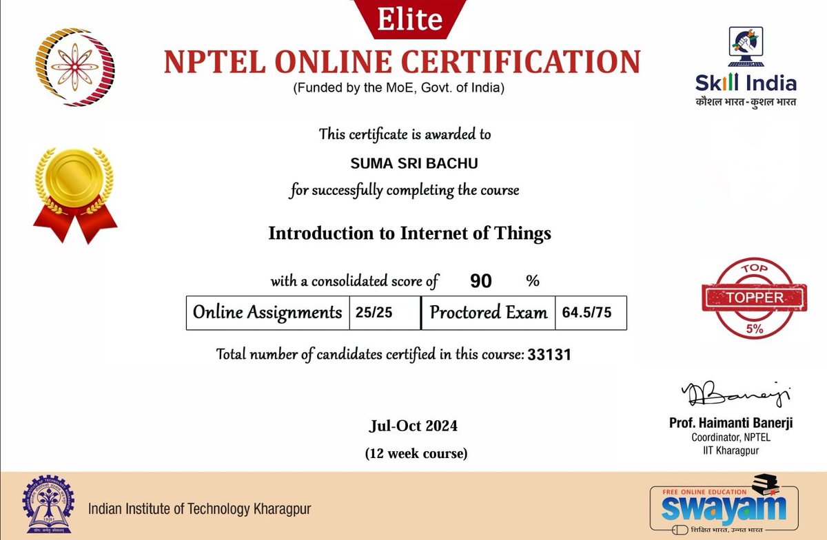 b_suma03's tweet photo. I’m happy to share that I’ve obtained a new certification: Introduction to Internet of Things (IIT Kharagpur) from @nptel_official !

#nptel #certification #internet #internetofthings #smartcities #iit #kharagpur #top #elite #gold https://t.co/MtP1hd0jkD