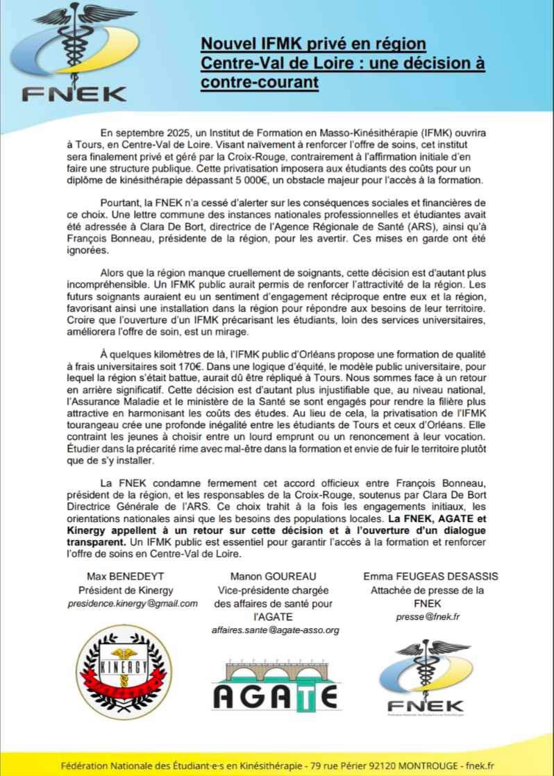 🚨La privatisation de l’IFMK de Tours imposera aux étudiants de payer plus de 5000€ pour devenir kinés. À comparer aux 170€ de l’IFMK public d’Orléans. Une barrière financière injuste qui pourrait détourner de nombreux jeunes de leur vocation.