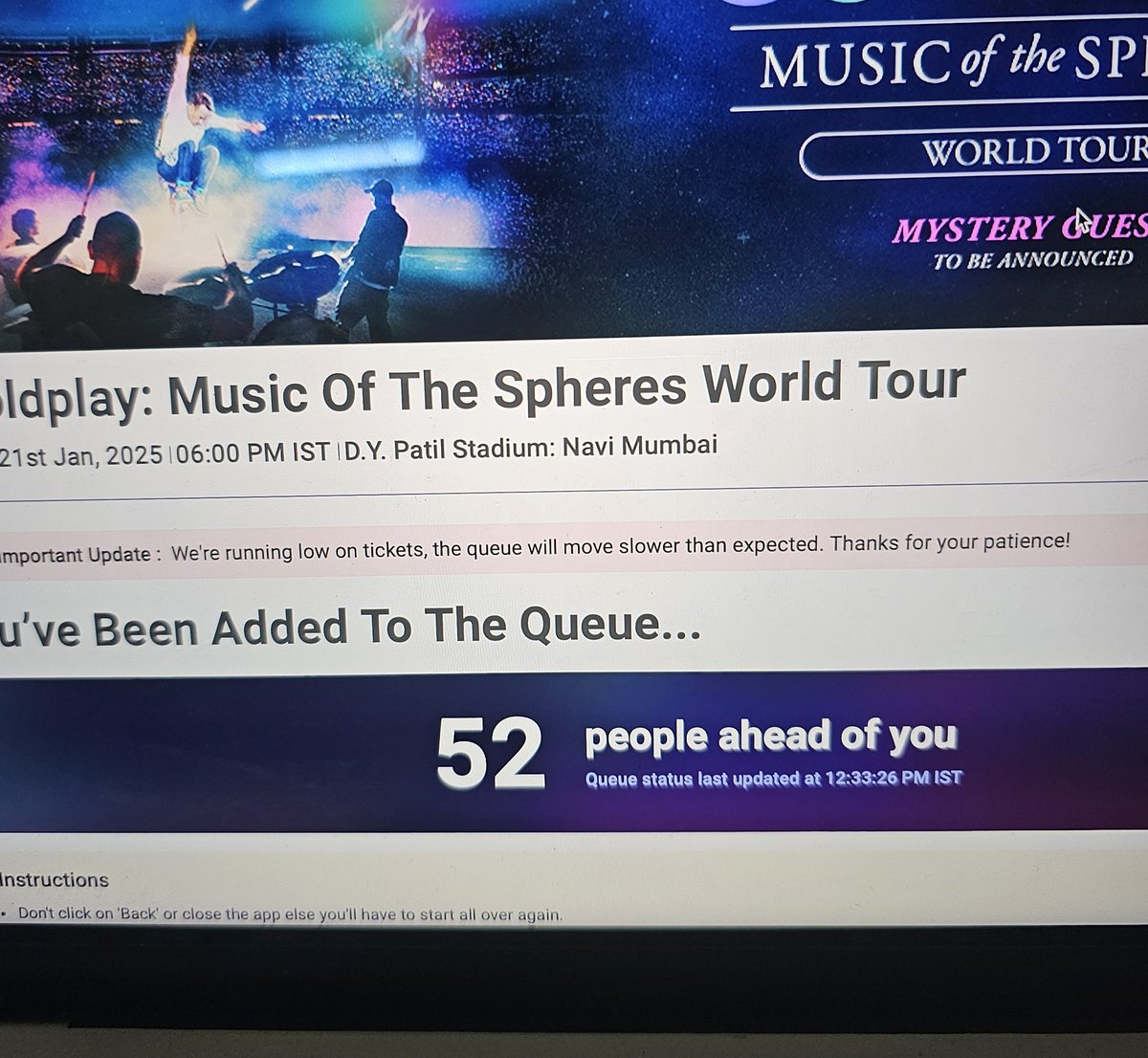 Hi <a href="/bookmyshow/">BookMyShow</a> <a href="/Bookmyshow_live/">BookMyShow.Live</a> <a href="/Coldplayxindia/">Coldplay India Community</a>
What's happening with Coldplay infinity tickets booking? The queue isn't moving at all.