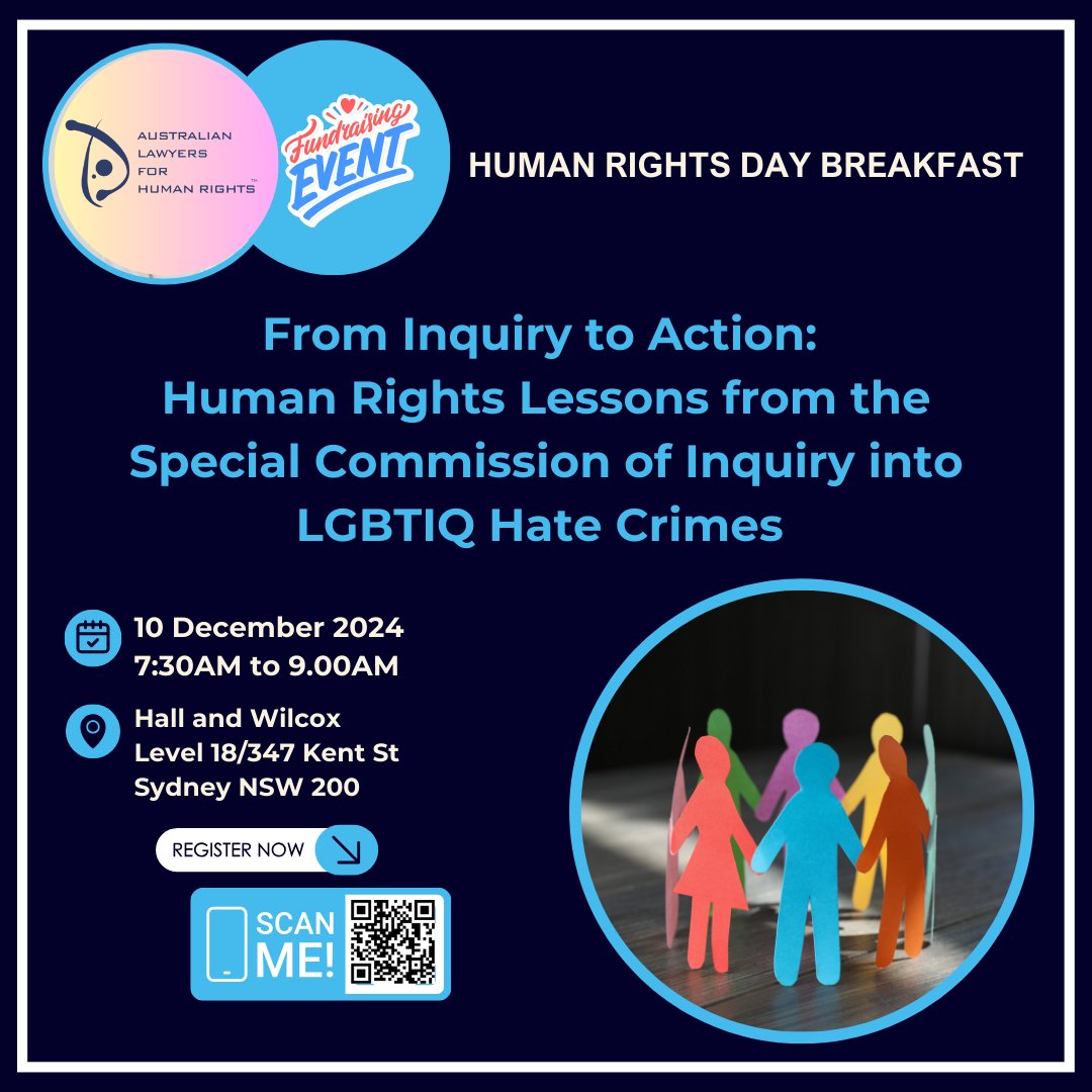 Event: ALHR #HumanRightsDay brekky <a href="/HallandWilcox/">Hall & Wilcox</a> - Join the Hon John Sackar KC &amp; our panel to discuss how to turn the findings of the Inquiry into #LGBTIQ Hate Crimes into meaningful action. Your ticket will help ALHR raise much needed funds: trybooking.com/CXEOF
#auslaw