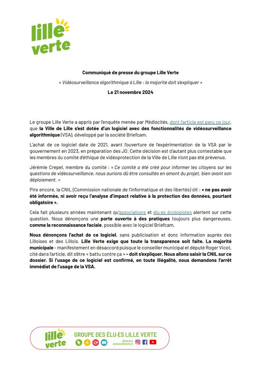 SécuritéEÉLV🛡️ (@eelvsecurite) on Twitter photo Merci à <a href="/lilleverte/">lilleverte.bsky.social</a> d'avoir le courage de la vigilance quant à l'utilisation de la #Videosurveillance algorithmique (VSA).
Non, le risque pour les libertés numériques des citoyen·nes ne doit pas être minimisé. Merci à <a href="/lilleverte/">lilleverte.bsky.social</a> d'avoir le courage de la vigilance quant à l'utilisation de la #Videosurveillance algorithmique (VSA).
Non, le risque pour les libertés numériques des citoyen·nes ne doit pas être minimisé.