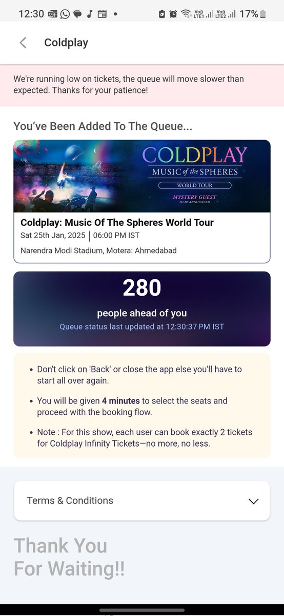 kulmeshrestha's tweet photo. Tried getting 25th Jan coldplay tickets. Got 444 as the initial queue number which stopped at 280 (500 odd tickets).
The stadium has the cap of 132,000 minimum and "infinity" tickets were not even 0.5% of it. @coldplay - bms might be scamming y'all @bookmyshow
#infinitytickets https://t.co/iUHOTaGUKU