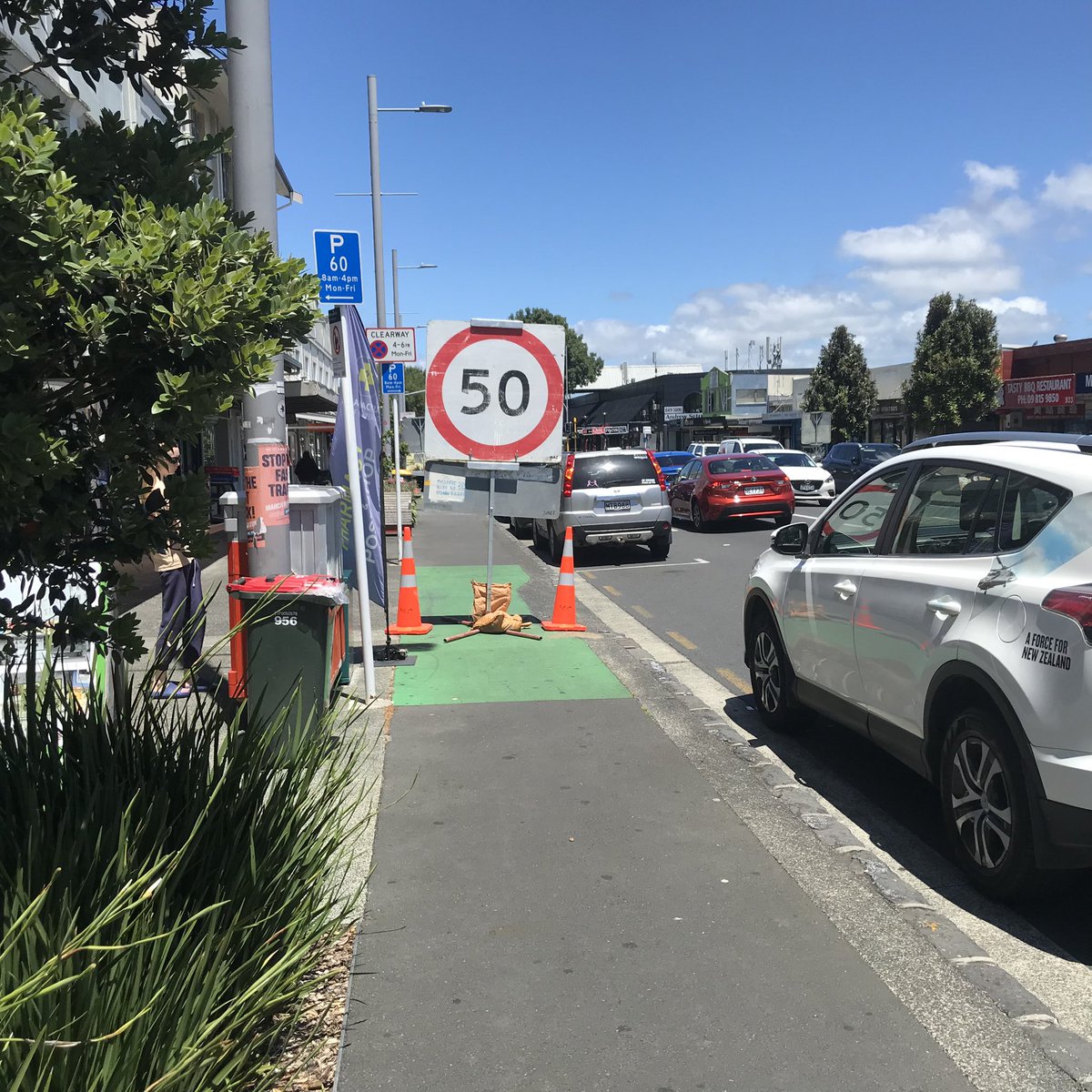 Hey <a href="/AklTransport/">Auckland Transport</a> don’t block the cycle lane with your b****y signs 🤬😩 New North Rd, Mt Albert shopping centre
