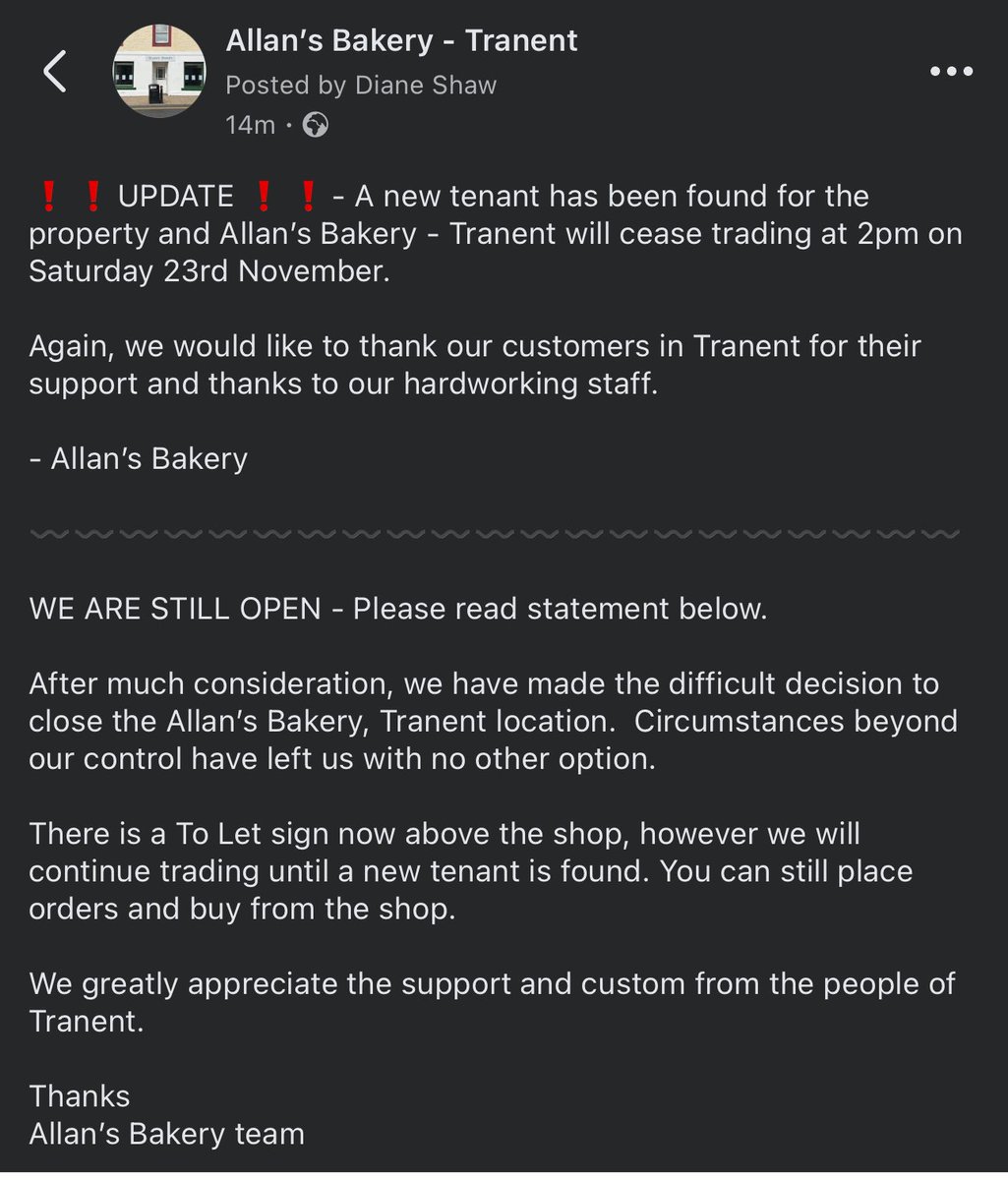 Please see attached pic for info on our Tranent shop. Our bakery in Restalrig remains open though!