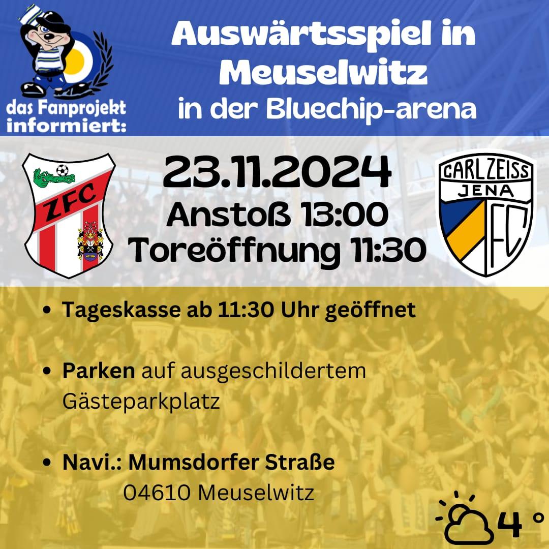 ⚽️🔥 Zeiss-fans aufgepasst ⚽️🔥
Alle Jahre mehrmals wieder gehts für uns nach Meuselwitz. Hier ein kurzer Überblick zum Auswärtsspiel. 🔵🟡⚪️

#fanprojektjena #fanprojekt #fcczj #fcc #jena #regionalliga
