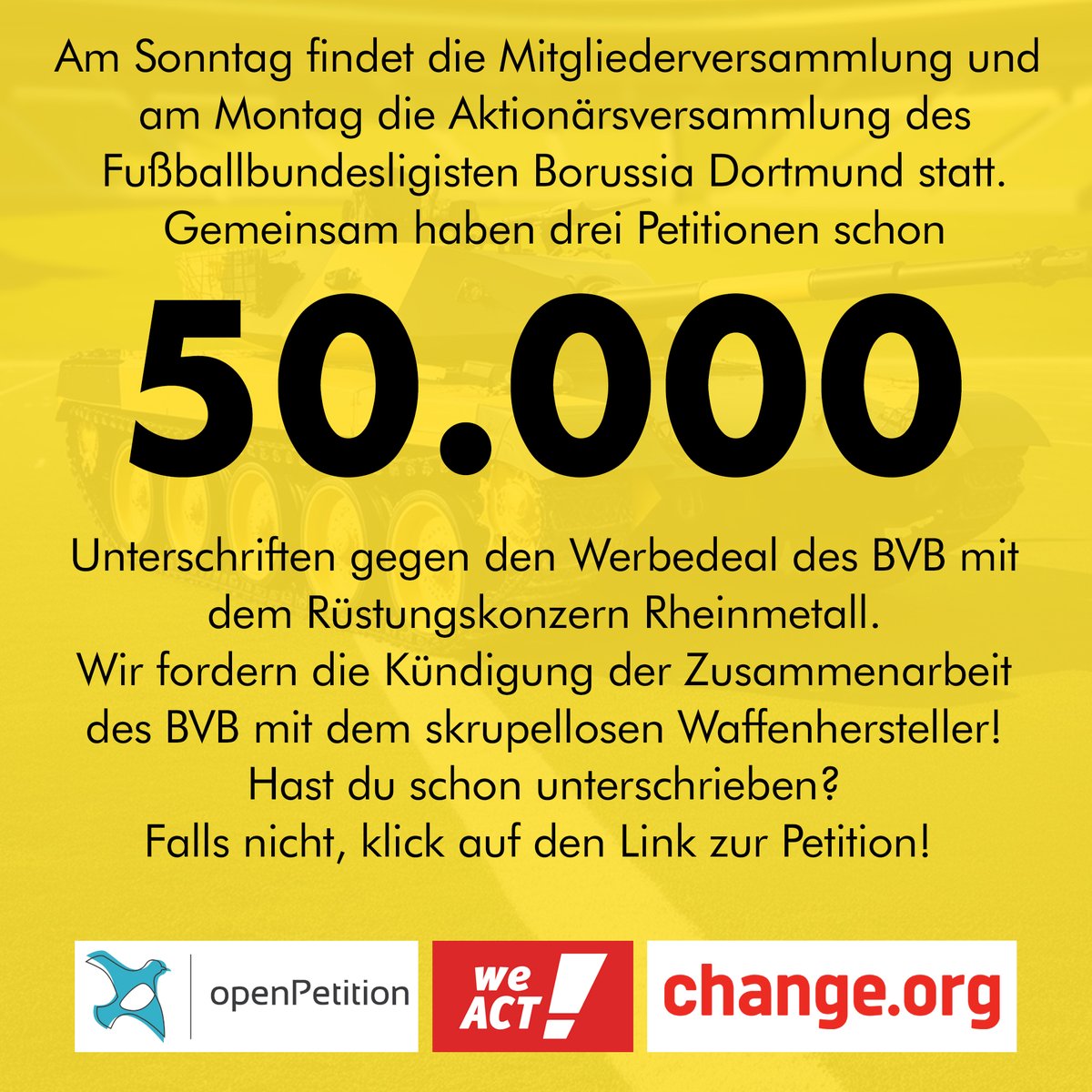 Deutsche Friedensgesellschaft (@dfgvk_bv) on Twitter photo Lasst uns den Druck auf den Vorstand des <a href="/BVB/">Borussia Dortmund</a> maximal steigern! Unterschreibt noch bis Sonntag die Petition zur Kündigung des Werbedeals zwischen dem Fußballverein und dem Waffenhersteller Rheinmetall: weact.campact.de/petitions/kein… Lasst uns den Druck auf den Vorstand des <a href="/BVB/">Borussia Dortmund</a> maximal steigern! Unterschreibt noch bis Sonntag die Petition zur Kündigung des Werbedeals zwischen dem Fußballverein und dem Waffenhersteller Rheinmetall: weact.campact.de/petitions/kein…