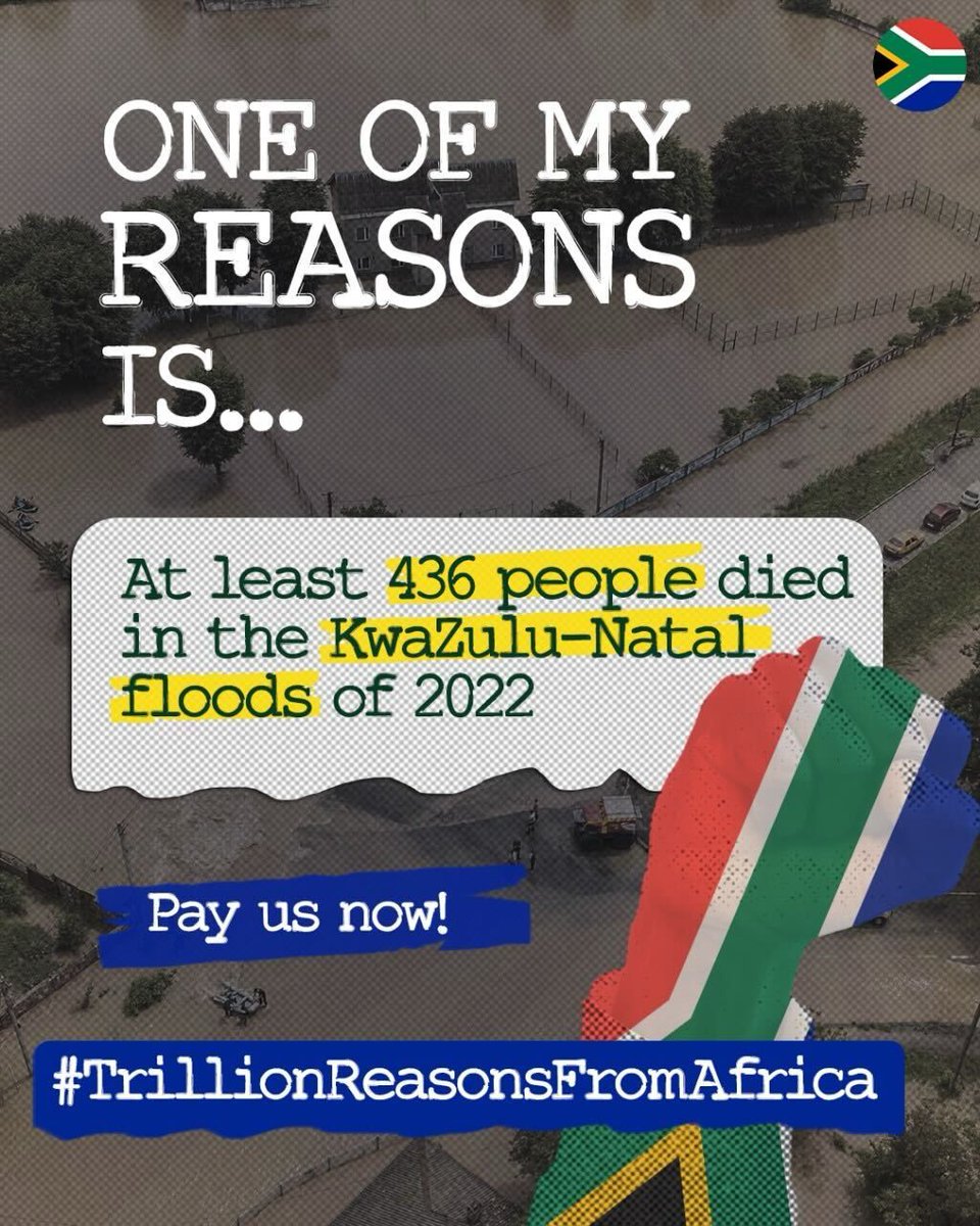 AFRICAN CLIMATE ALLIANCE (@afrclimalliance) on Twitter photo 🌍One of our #TrillionReasonsFromAfrica is at least 436 people died in the KwaZulu-Natal floods in 2022!
Developed Countries need to #PayUp at #COP29Baku
<a href="/CentreEnvRights/">Centre for Environmental Rights</a> <a href="/DontGasAfrica/">@dontgasafrica.bsky.social</a> <a href="/groundWorkSA/">groundWork</a> What is your reason? 🌍One of our #TrillionReasonsFromAfrica is at least 436 people died in the KwaZulu-Natal floods in 2022!
Developed Countries need to #PayUp at #COP29Baku
<a href="/CentreEnvRights/">Centre for Environmental Rights</a> <a href="/DontGasAfrica/">@dontgasafrica.bsky.social</a> <a href="/groundWorkSA/">groundWork</a> What is your reason?