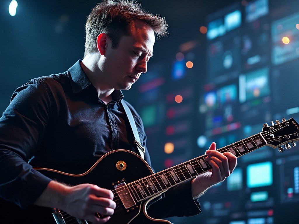 ajshangarjan's tweet image. 🎸🚀 Harmony in Innovation: Where the strings meet the circuits, @elonmusk strums the future into existence. In this cinematic vision, technology dances to the rhythm of progress, with every chord echoing the beat of a world transforming.
#TechVision #MuskOnGuitar 🎶