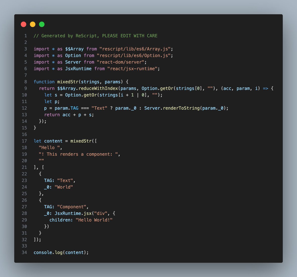 rescriptlang's tweet image. ReScript has first class support for tagged template literals since v11.1.
A useful JS technique that's important for interop, and lends itself well to some pretty interesting use cases!