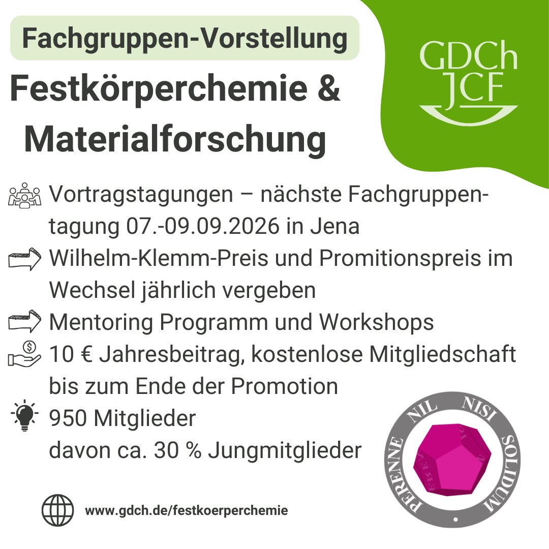 Bei dem heutigen #FachgruppenFriday stellen wir euch die Fachgruppe Festkörperchemie &amp; Materialforschung vor! 🔬
Seit 1963 bringt die Fachgruppe kreative Synthese, Strukturaufklärung und eigenschaftsorientierte Materialforschung zusammen.
#Materialforschung #Festkörperchemie