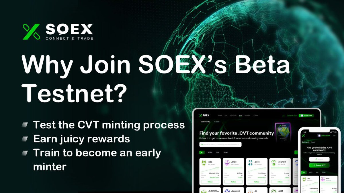 soex_io's tweet photo. Why join SOEX's Beta Testnet?
👉 Get hands-on practice with CVT minting
👉 Prep your community for onboarding and big rewards
👉 Win MASSIVE prizes: 5,000,000 $SOX & 50,000 $SOEX
So, why wait? Join the Beta now!
👉 https://t.co/4lxkTozzng
#SOEX #BetaTestnet https://t.co/iVfinK5VZz