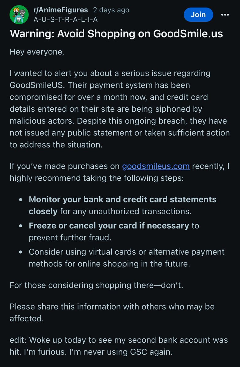 Apparently GoodSmileUS has been compromised recently and users should be wary of using card details on their site.