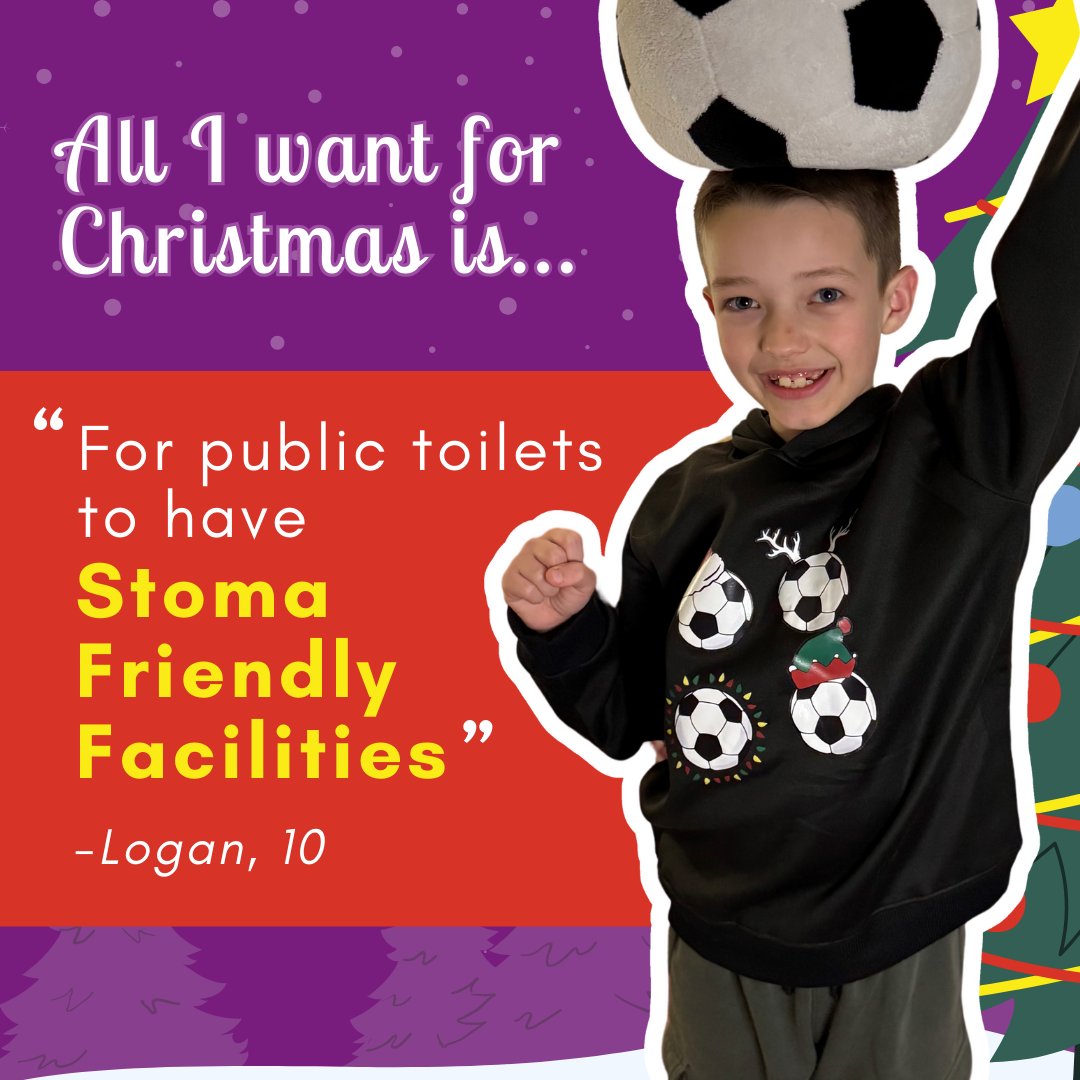 Make Logan’s Christmas wish come true by donating to Colostomy UK this festive period 🎄🎁
We will help more accessible facilities to become stoma friendly, so that everyone can go out with confidence 💜 
Donate here: cafdonate.cafonline.org/27298