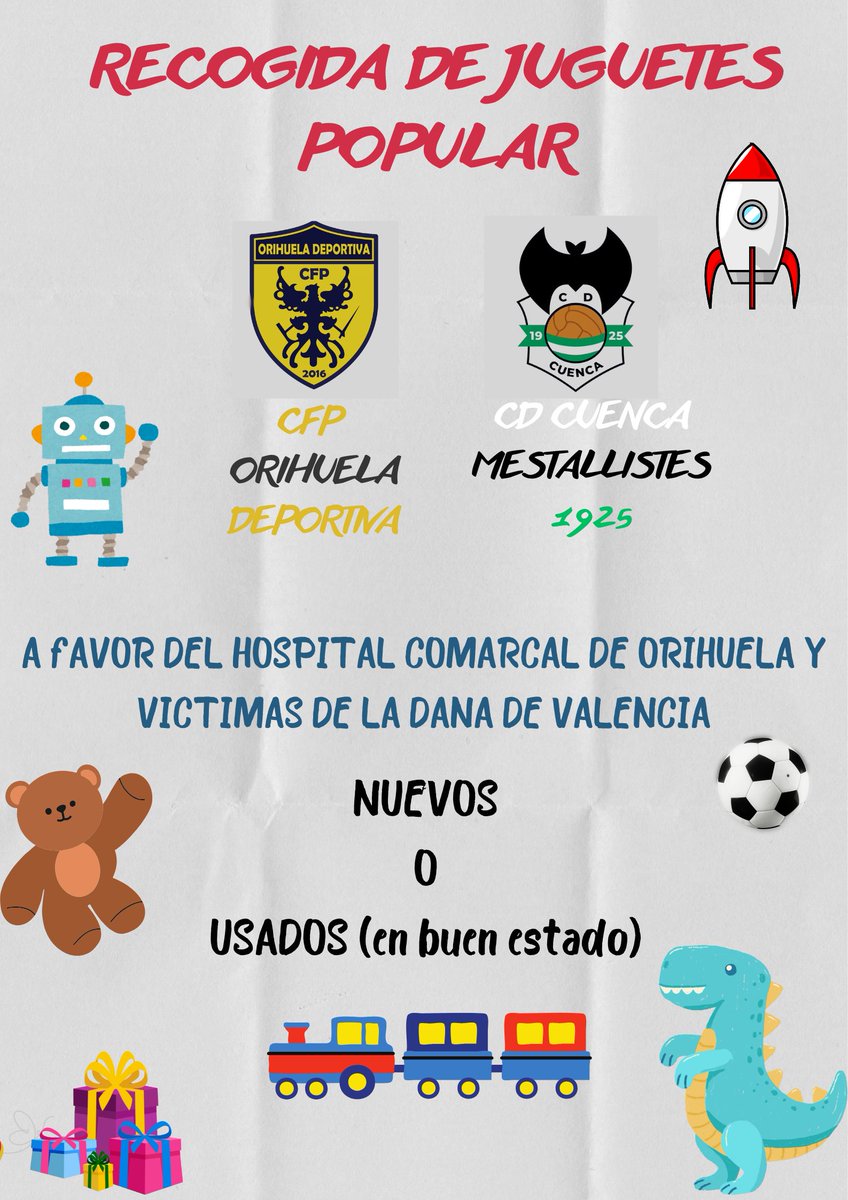 ⚽️El fútbol popular es solidaridad
@CFP_Orihuela y <a href="/CDCMestallistes/">CD Cuenca-Mestallistes 1925</a> organizan una Recogida de Juguetes Popular nuevos o usados.
Para:
🔸 Niños afectados por la DANA.
🔸 Área pediátrica del Hospital de San Bartolomé.
 📅Hasta el 22/12
📲Contacta por DM
El fútbol es comunidad.🙌