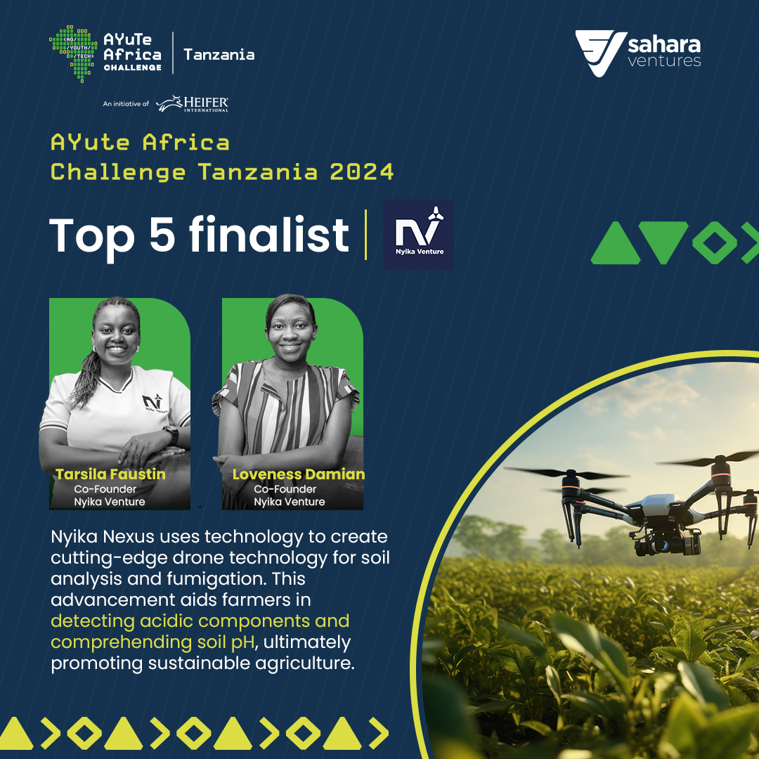 Congrats to Tarsila Faustin &amp; Loveness Damian, co-founders of Nyika Venture, for being Top 5 finalists in the AYuTe Africa Challenge Tanzania 2024! 🌱
They're transforming agriculture with drone tech for soil analysis &amp; sustainable farming. 🌍👏
#AYuTeAfricaChallenge #Innovation
