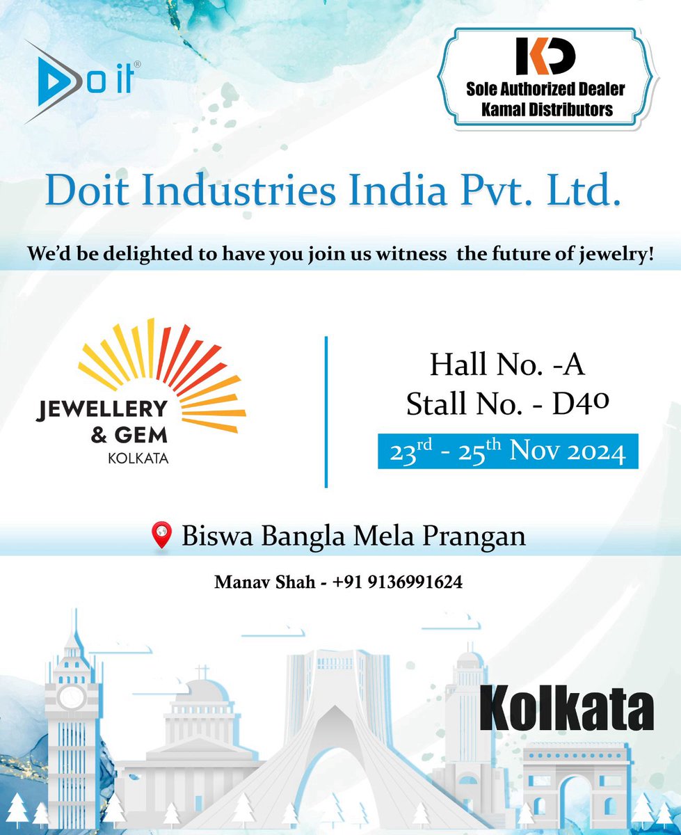 Doit_Industries's tweet image. Join us at Hall A, Stall D40, Biswa Bangla Mela, Kolkata (23-25 Nov) to explore the future of jewellery tech! 

 #JewelleryTech #InnovationInJewellery #BiswaBanglaMela #JewelleryExpo2024 #TechForJewellery #KolkataEvents