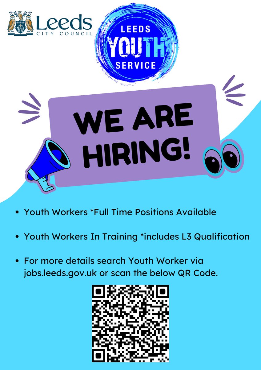 We are #Hiring 

We have a number of fantastic opportunities to join our #LeedsYouthService Team. 

#YouthWorker (JNC Qualified) &amp; #YouthWorkerInTraining (fully funded L3 Qualification as part of role) positions available.

Further details/links below 

#Youthwork
#TeamLeeds