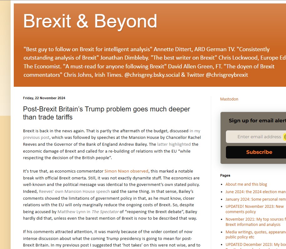 Post-Brexit Britain’s Trump problem goes much deeper than trade tariffs. New post on my Brexit &amp; Beyond Blog. The discussion of how the UK might respond to Trump's tariffs is already confused, and anyway misses the bigger challenge they betoken: chrisgreybrexitblog.blogspot.com/2024/11/post-b…