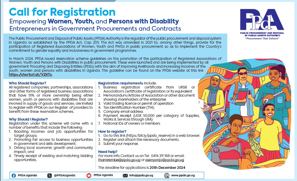 National Debate Council, Uganda (NDC) (@ndcuganda) on Twitter photo Attention Women, Youth, & PWD-Owned Enterprises
<a href="/PPDAUganda/">PPDA Uganda</a> invites you to register your companies, enterprises, or associations to join their Reservation Scheme to access Government procurement opportunities.
Register here: bit.ly/ppda_reserve
#InclusiveProcurement Attention Women, Youth, & PWD-Owned Enterprises
<a href="/PPDAUganda/">PPDA Uganda</a> invites you to register your companies, enterprises, or associations to join their Reservation Scheme to access Government procurement opportunities.
Register here: bit.ly/ppda_reserve
#InclusiveProcurement
