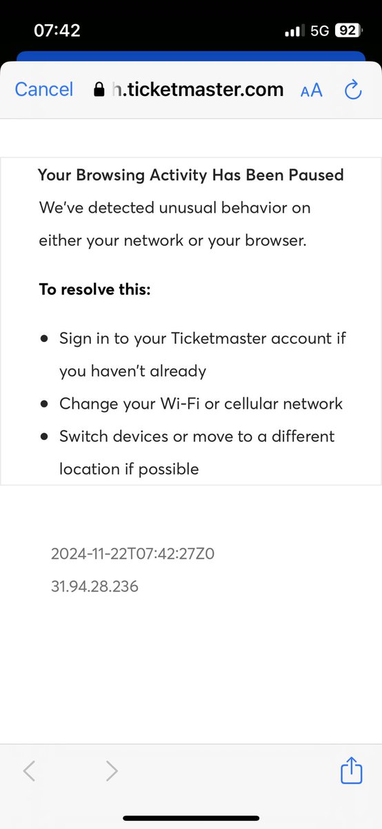 SamWilkinson1's tweet photo. @TicketmasterCS can you please fix your app as I can’t access my tickets for tonight’s gig. Keep getting this message yet can sign in fine on the website. https://t.co/HGDv6Rwfnu