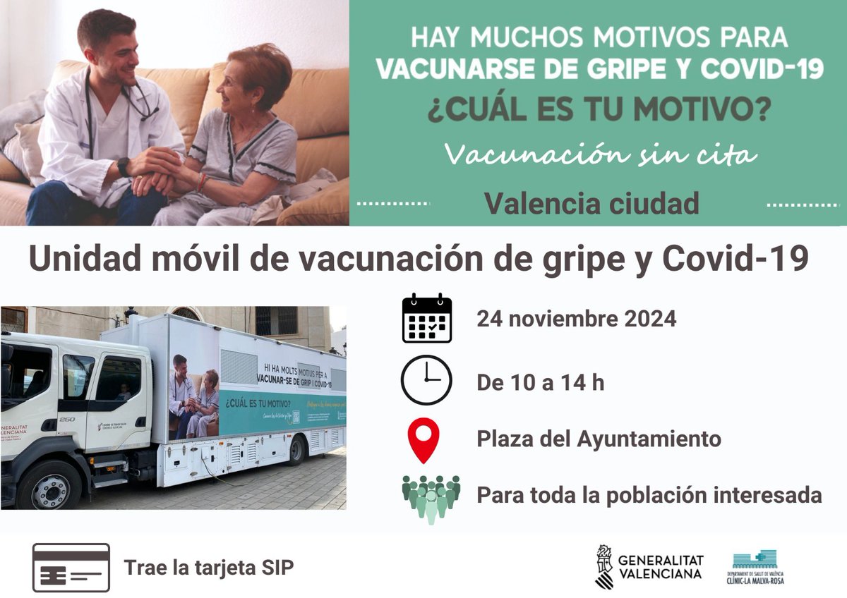 🗓 Este domingo, 24 de noviembre, puedes vacunarte sin cita de gripe y covid en la plaza del ayuntamiento de Valencia 👇

⏱️ 10-14h

📍Explanada de la plaza del Ayuntamiento

👫🧓👴🙍‍♂️ Dirigido a toda la población

💳❗️ Trae tu tarjeta SIP