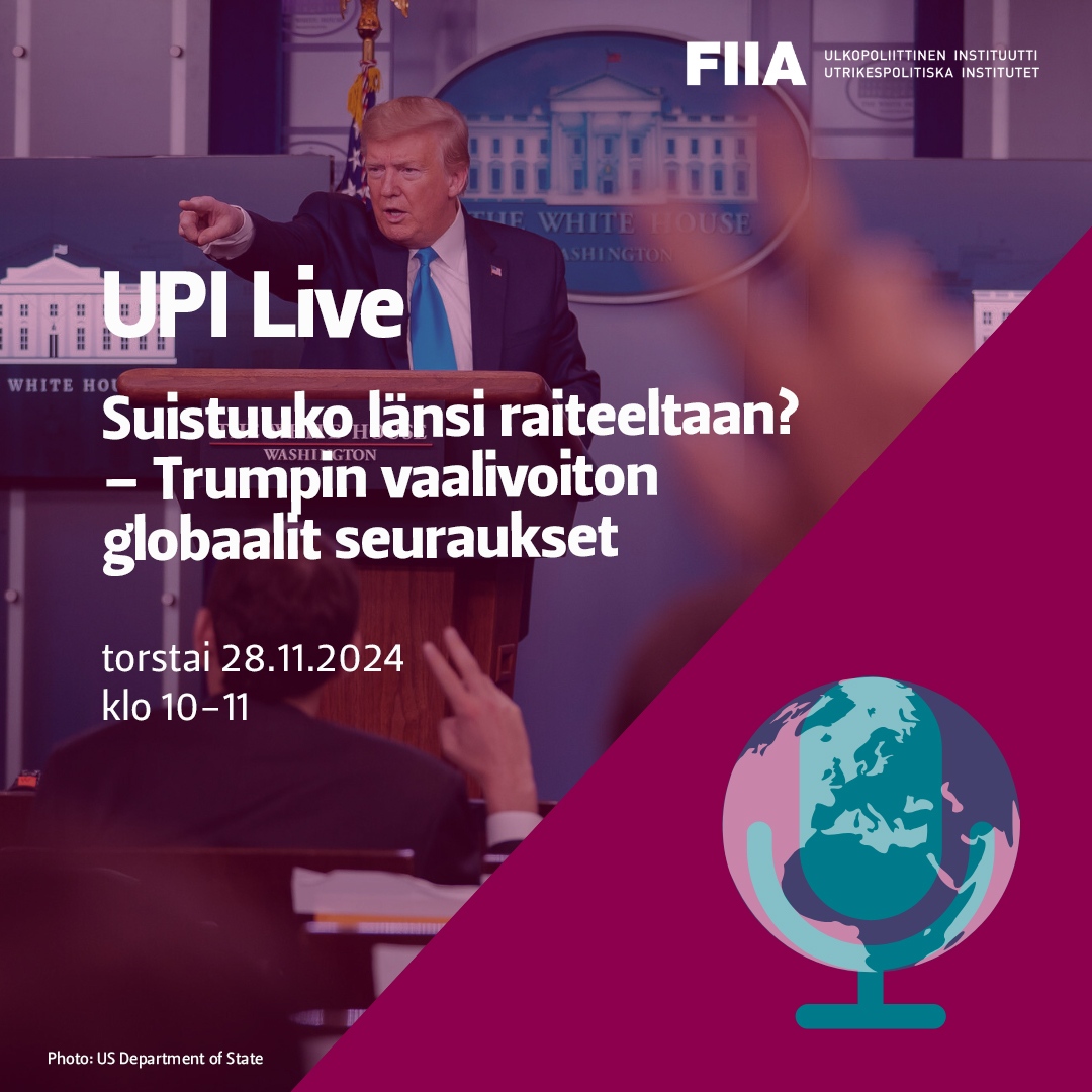 🇺🇸 Trumpin presidenttikausi tulee muokkaamaan globaalia järjestystä ja kansainvälisiä sopimuksia. 

Torstain 28.11. #UPILive'ssä keskustellaan Trumpin voiton seurauksista <a href="/HiskiHaukkala/">Hiski Haukkala</a>, <a href="/charlyjsp/">C Salonius-Pasternak</a> ja <a href="/KatjaCreutz/">Katja Creutz</a> kanssa. <a href="/annilindgren/">Anni Lindgren</a> moderoi.

➡️ fiia.fi/tapahtuma/upi-…