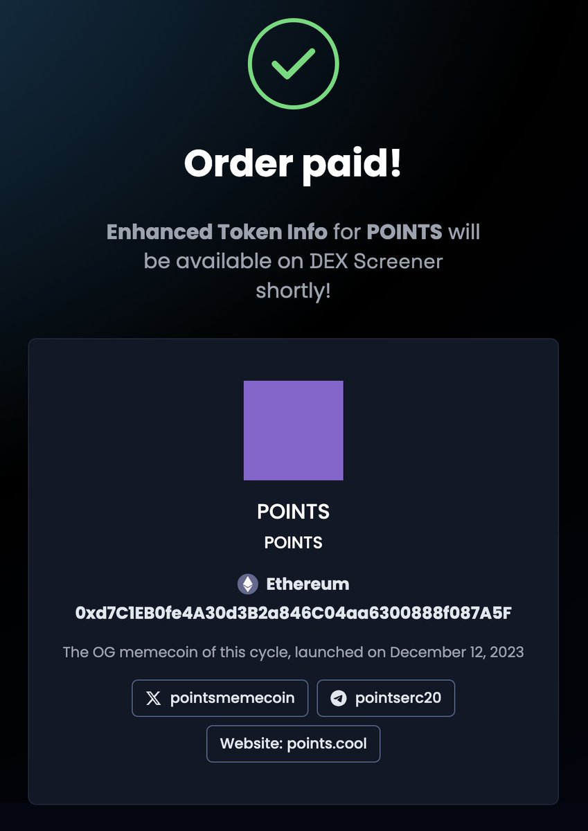 thisiszinger's tweet photo. Dex updated and we just hit $1M market cap

Time to give $POINTS the run it deserves 🟣

0xd7C1EB0fe4A30d3B2a846C04aa6300888f087A5F https://t.co/TPSw3cAJXX