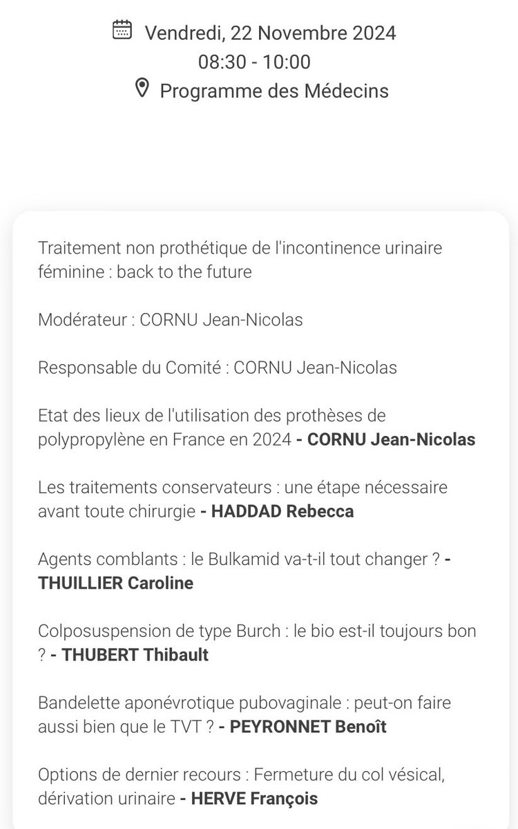 Jean-Nicolas Cornu (@jncornu) on Twitter photo Happening Now ! #CFU2024
How to manage female SUI without polypropylene <a href="/BPeyronnet/">Benoît Peyronnet</a> <a href="/AFUrologie/">Association Française d'Urologie - AFU</a> <a href="/afufuro/">AFUF</a> Happening Now ! #CFU2024
How to manage female SUI without polypropylene <a href="/BPeyronnet/">Benoît Peyronnet</a> <a href="/AFUrologie/">Association Française d'Urologie - AFU</a> <a href="/afufuro/">AFUF</a>