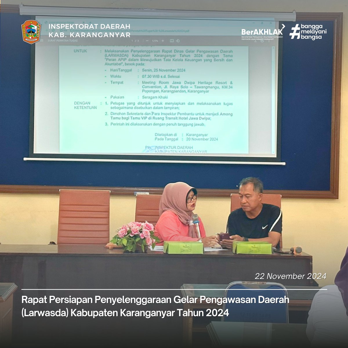 inspekdakra's tweet image. Rapat Persiapan Larwasda Tahun 2024

Jumat, 22 November 2024 Inspektorat Daerah Kab. Karanganyar telah melaksanakan Rapat Persiapan Penyelenggaraan Larwasda Kabupaten Karanganyar Tahun 2024 di Ruan Aula pada pukul 10.00 WIB.

#APIP #Pengawasan