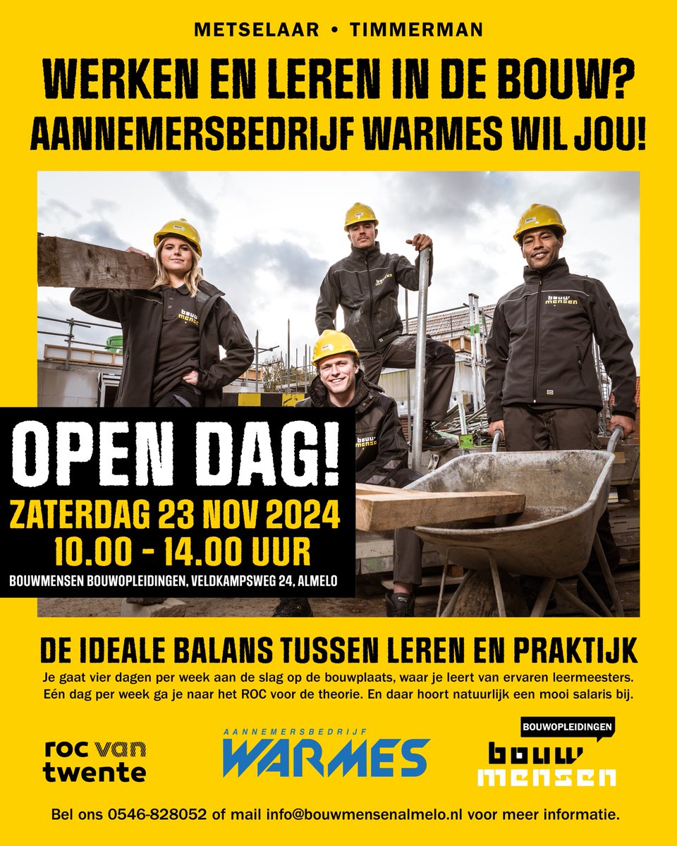 WarmesBV's tweet photo. Iedereen die bijna klaar is met de middelbare school en interesse heeft in een opleiding tot metselaar, tegelzetter of timmerman, is 𝐰𝐞𝐥𝐤𝐨𝐦 𝐨𝐩 𝐝𝐞 𝐨𝐩𝐞𝐧 𝐝𝐚𝐠 op zaterdag 23 november van 10.00 tot 14.00 uur bij Bouwmensen aan de Veldkampsweg 24 in Almelo.
🔹🔸 https://t.co/XtMNZi1z2N