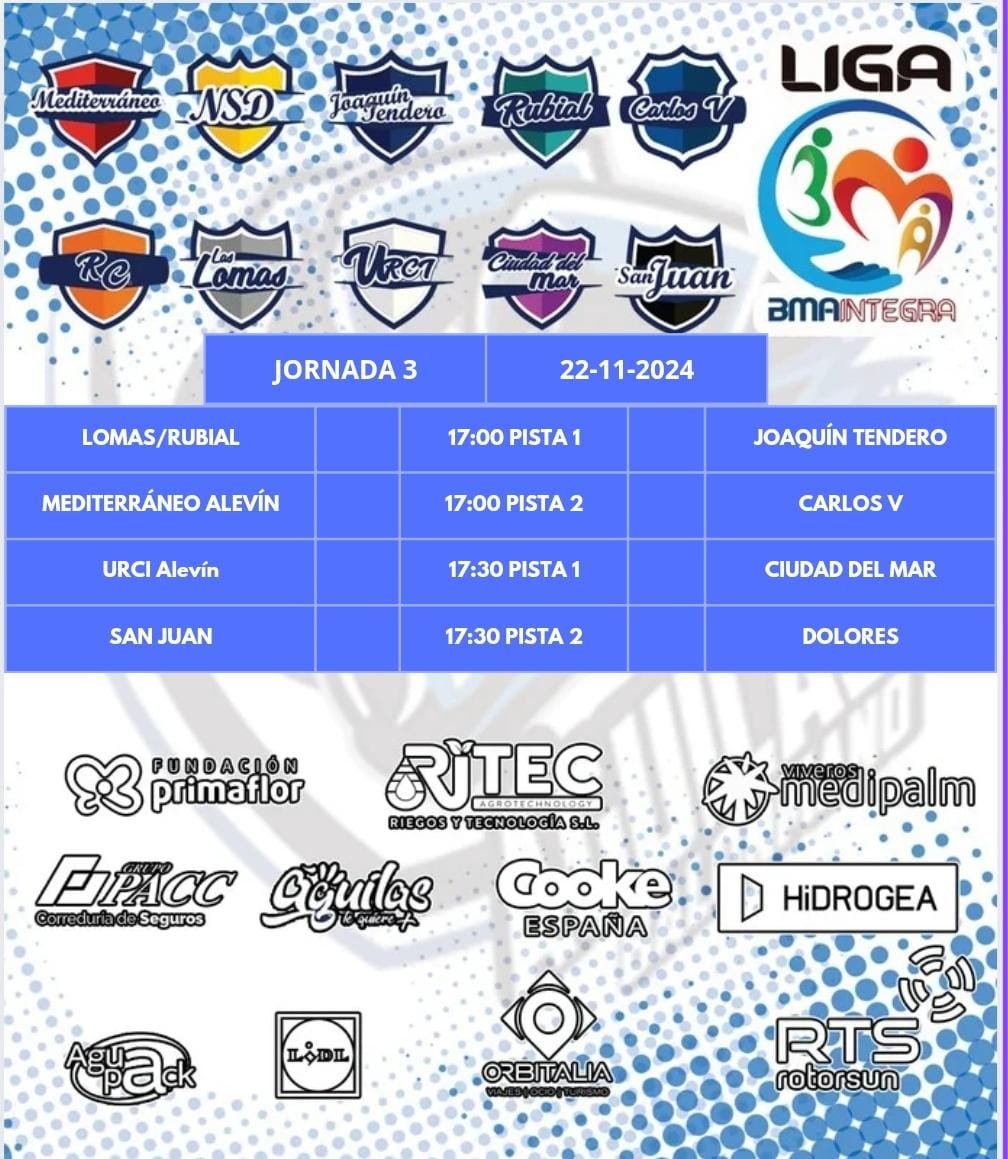 🤲LIGA BMA INTEGRA🤲

🏆JORNADA 3
📆 Viernes 22/11
⏰ 17:00 H
📍 CEIP Mediterráneo 

@mediterraneo__
@ceipjoaquintendero
<a href="/colegiocarlosv/">COLEGIO CARLOS V</a>
@colegio_ramon_y_cajal
@ceiplaslomas
@ceipurci
@ceipciudadelmar
Y CEIP SAN JUAN

SÓLO PUEDE QUEDAR UNO‼️🤾‍♀️🤾‍♂️🏆