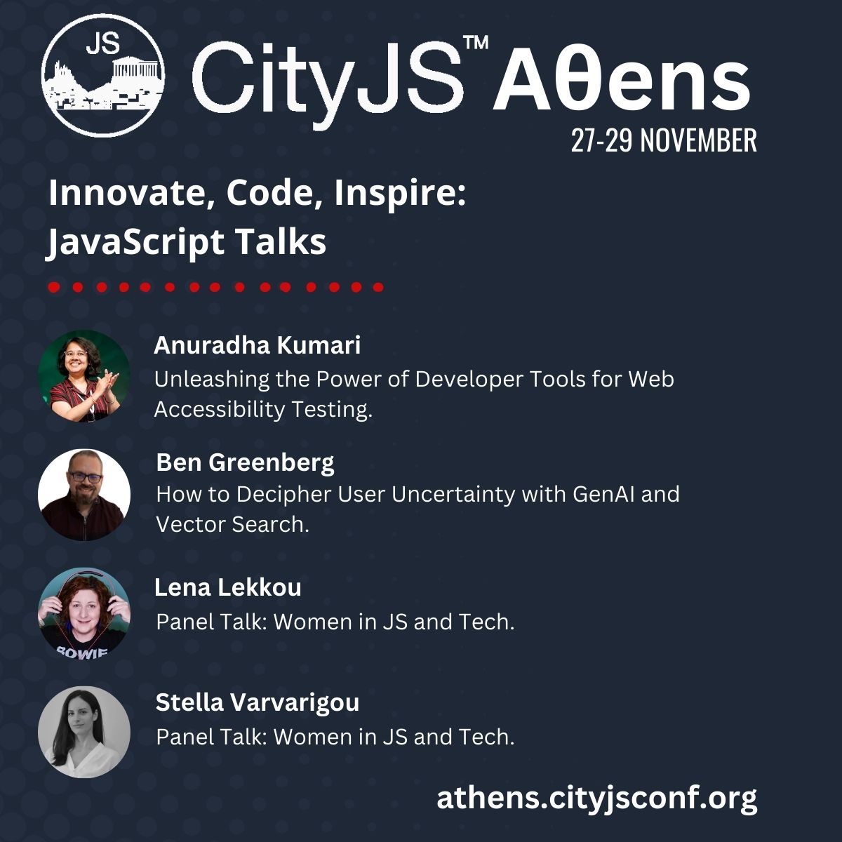 CityJS Conferences (@cityjsconf) on Twitter photo Next week we got a special #javascript event with some amazing speakers, talks and a panel about #women in #tech
<a href="/miracle_404/">Anuradha Kumari</a>
<a href="/hummusonrails/">Ben Greenberg 🎗️</a>
<a href="/LenaLekkou/">Lena Lekkou</a>
<a href="/svarvarigou/">Stella Varvarigou #DevoxxGR</a>
Get your ticets now
athens.cityjsconf.org
#javascript #athens Next week we got a special #javascript event with some amazing speakers, talks and a panel about #women in #tech
<a href="/miracle_404/">Anuradha Kumari</a>
<a href="/hummusonrails/">Ben Greenberg 🎗️</a>
<a href="/LenaLekkou/">Lena Lekkou</a>
<a href="/svarvarigou/">Stella Varvarigou #DevoxxGR</a>
Get your ticets now
athens.cityjsconf.org
#javascript #athens