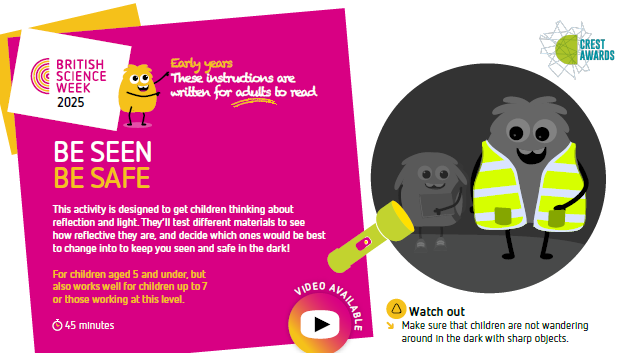 ScienceWeekUK's tweet photo. The full #BSW25 activity packs are just around the corner in January. Until then, download and enjoy the free taster pack!

The Early Years activities include ‘Rocket reach’ and ‘Be seen be safe’ to get little ones learning the power of adapting: 

https://t.co/GMTijWdLRz https://t.co/F7DbGZEnkC